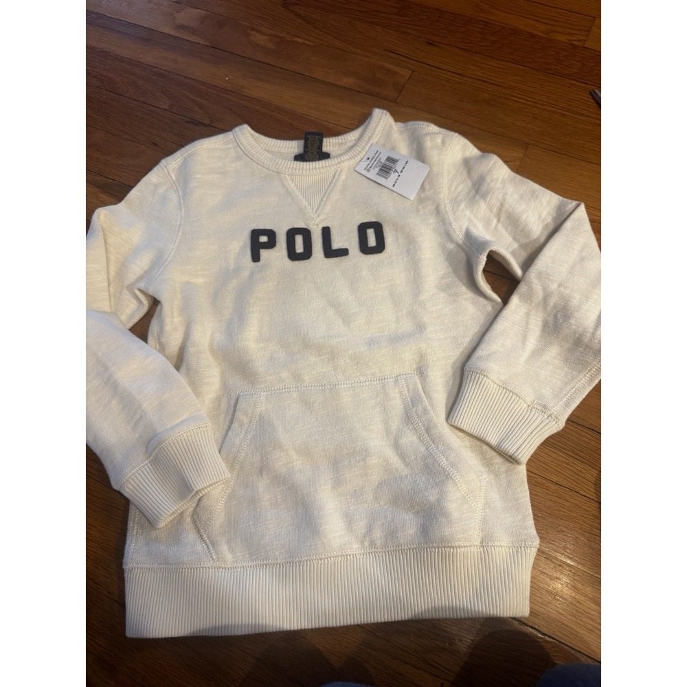 Ralph Lauren Polo Boys Size 7 Cream Sweatshirt Kangaroo Pocket NWT